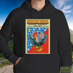 Men's Moscow Music Festival Poster 80s Rock Motley Crue Bon Jovi Skid Row B24 Hoodie In Black, Front View On Light Wood Background