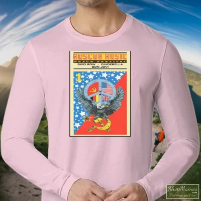 Men's Moscow Music Festival Poster 80s Rock Motley Crue Bon Jovi Skid Row B24 Long Sleeve In Light Pink, Front View On Dark Wood Background