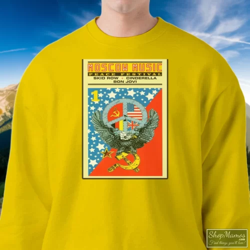 Moscow Music Festival Poster 80s Rock Motley Crue Bon Jovi Skid Row B24 Men’s Sweatshirt – Yellow Front View On Dark Wood Background Men's Moscow Music Festival Poster 80s Rock Motley Crue Bon Jovi Skid Row B24 Sweatshirt In Yellow, Front View On Dark Wood Background