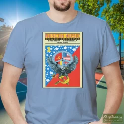 Men's Moscow Music Festival Poster 80s Rock Motley Crue Bon Jovi Skid Row B24 T Shirt In Light Blue, Front View On Dark Wood Background