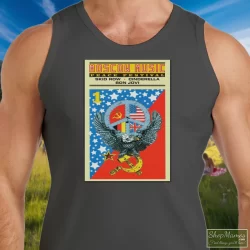 Men's Moscow Music Festival Poster 80s Rock Motley Crue Bon Jovi Skid Row B24 Tank Top In Charcoal, Front View On Dark Wood Background