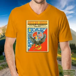 Men's Moscow Music Festival Poster 80s Rock Motley Crue Bon Jovi Skid Row B24 V Neck In Orange, Front View On Dark Wood Background