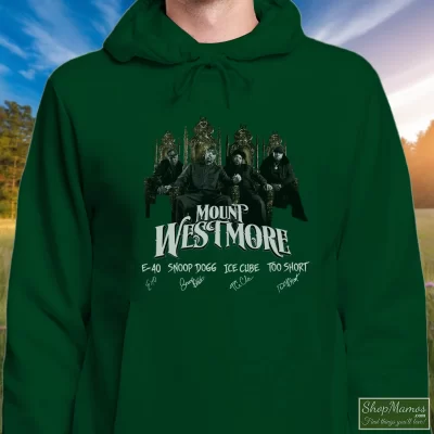 Men's Mount Westmore Snoop Dogg Ice Cube Too Short E40 Hoodie In Forest Green, Front View On Light Wood Background