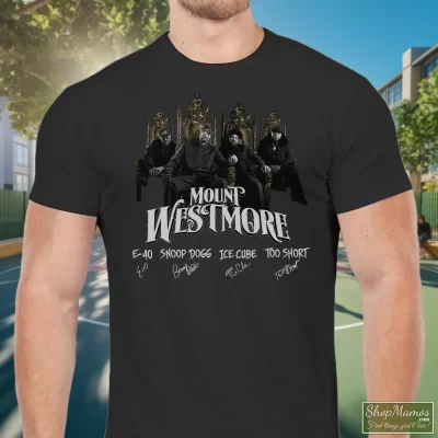 Men's Mount Westmore Snoop Dogg Ice Cube Too Short E40 T Shirt In Black, Front View On Light Wood Background