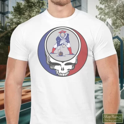 Men's New England Patriots Boston Patriots Grateful Dead Steal Your Face T Shirt In White, Front View On Dark Wood Background