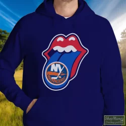 New York Islanders Rolling Stones Logo Shirt 10 Men's New York Islanders Rolling Stones Logo Hoodie In Navy, Front View On Light Wood Background