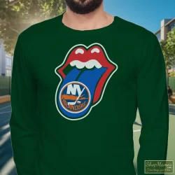 New York Islanders Rolling Stones Logo Shirt 9 Men's New York Islanders Rolling Stones Logo Long Sleeve In Forest Green, Front View On Light Wood Background