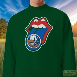 New York Islanders Rolling Stones Logo Shirt 3 Men's New York Islanders Rolling Stones Logo Sweatshirt In Forest Green, Front View On Light Wood Background