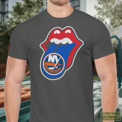 New York Islanders Rolling Stones Logo Shirt 5 Men's New York Islanders Rolling Stones Logo T Shirt In Charcoal, Front View On Dark Wood Background