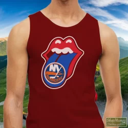 New York Islanders Rolling Stones Logo Shirt 7 Men's New York Islanders Rolling Stones Logo Tank Top In Maroon, Front View On Light Wood Background