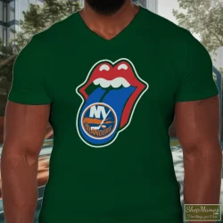 New York Islanders Rolling Stones Logo Shirt 2 Men's New York Islanders Rolling Stones Logo V Neck In Forest Green, Front View On Light Wood Background