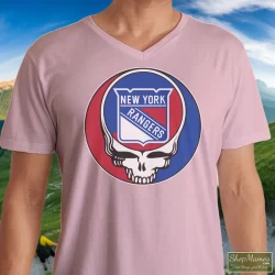 Men's New York Rangers X Grateful Dead Logo Band V Neck In Light Pink, Front View On Dark Wood Background