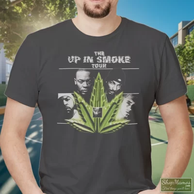 Men's Original Up In Smoke Tour Hip Hop Raptee Snoop Dogg Dr Dre Eminem Warren G Ice Cube West Coast T Shirt In Charcoal, Front View On Dark Wood Background