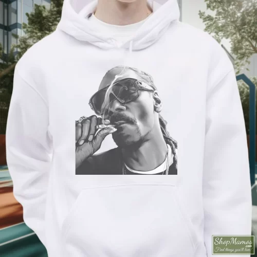 Ougou Hip Hop Snoop Dogg Smoking Men’s Hoodie – White Front View On Dark Wood Background Men's Ougou Hip Hop Snoop Dogg Smoking Hoodie In White, Front View On Dark Wood Background
