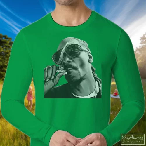 Ougou Hip Hop Snoop Dogg Smoking Men’s Long Sleeve – Irish Green Front View On Light Wood Background Men's Ougou Hip Hop Snoop Dogg Smoking Long Sleeve In Irish Green, Front View On Light Wood Background