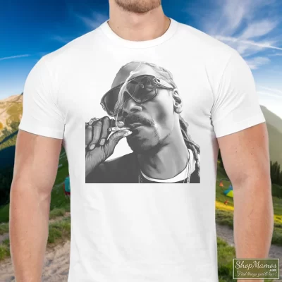 Men's Ougou Hip Hop Snoop Dogg Smoking T Shirt In White, Front View On Dark Wood Background