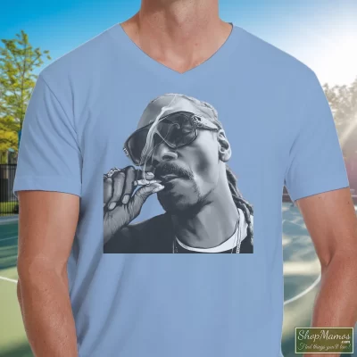 Men's Ougou Hip Hop Snoop Dogg Smoking V Neck In Light Blue, Front View On Dark Wood Background