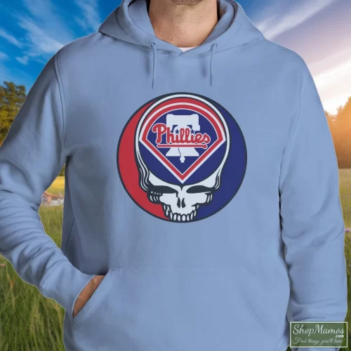 Men's Philadelphia Phillies Baseball Grateful Dead Steal Your Face Hoodie In Light Blue, Front View On Dark Wood Background
