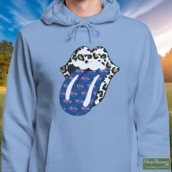 Phillies Rolling Stones Leopard Shirt 1 Men's Phillies Rolling Stones Leopard Hoodie In Light Blue, Front View On Dark Wood Background