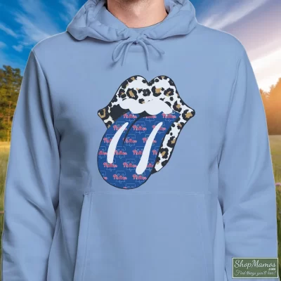 Men's Phillies Rolling Stones Leopard Hoodie In Light Blue, Front View On Dark Wood Background