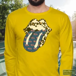 Phillies Rolling Stones Leopard Shirt 6 Men's Phillies Rolling Stones Leopard Long Sleeve In Yellow, Front View On Dark Wood Background