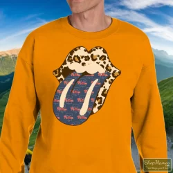 Phillies Rolling Stones Leopard Shirt 7 Men's Phillies Rolling Stones Leopard Sweatshirt In Orange, Front View On Dark Wood Background