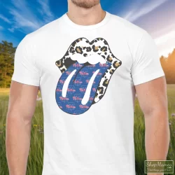 Men's Phillies Rolling Stones Leopard T Shirt In White, Front View On Dark Wood Background