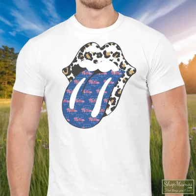 Men's Phillies Rolling Stones Leopard T Shirt In White, Front View On Dark Wood Background