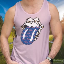 Phillies Rolling Stones Leopard Shirt 8 Men's Phillies Rolling Stones Leopard Tank Top In Light Pink, Front View On Dark Wood Background