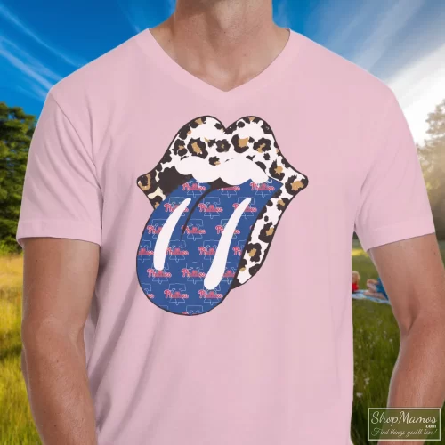 Phillies Rolling Stones Leopard Men’s V Neck – Light Pink Front View On Dark Wood Background Men's Phillies Rolling Stones Leopard V Neck In Light Pink, Front View On Dark Wood Background