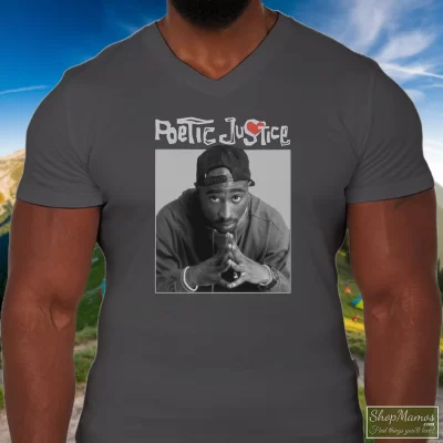 Men's Poetic Justice Tupac Shakur 2pac Red Heart V Neck In Charcoal, Front View On Dark Wood Background