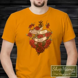 Men's Ramble On Rose Grateful Dead Inspired T Shirt In Orange, Front View On Dark Wood Background