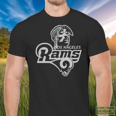 Men's Rams Tupac Shakur Los Angeles Football T Shirt In Black, Front View On Light Wood Background