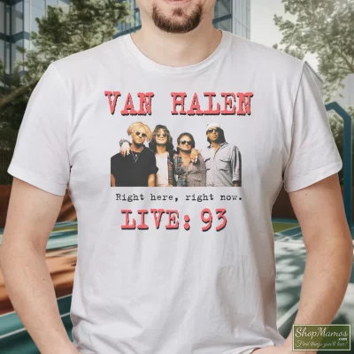 Men's Rare 1993 Van Halen T Shirt In White, Front View On Dark Wood Background