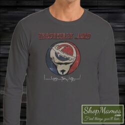 Men's Rare Grateful Dead Arabic Font Vintage Long Sleeve in Charcoal, front view on dark wood background