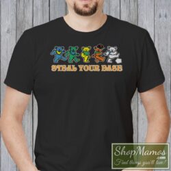 Men's Rare Grateful Dead Dancing Bears San Francisco Giants 2019 Steal Your Base T Shirt in Black, front view on light wood background