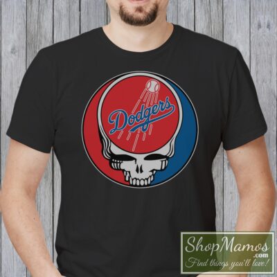 Men's Rare Los Angeles Dodgers Grateful Dead Logo Band Classic Vintage T Shirt in Black, front view on light wood background