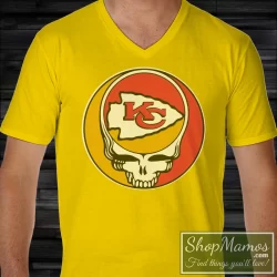Men's Rare NFL Team Kansas City Chiefs X Grateful Dead Logo Band V Neck In Yellow, Front View On Dark Wood Background