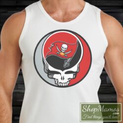 Men's Rare Tampa Bay Buccaneers Grateful Dead Steal Your Face Shirts Vintage Tank Top in White, front view on dark wood background