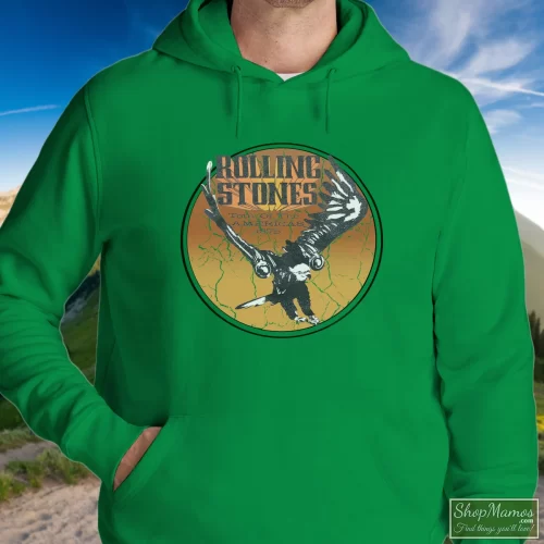 Rolling Stones 1975 Tour Of The Americas Men’s Hoodie – Irish Green Front View On Light Wood Background Men's Rolling Stones 1975 Tour Of The Americas Hoodie In Irish Green, Front View On Light Wood Background