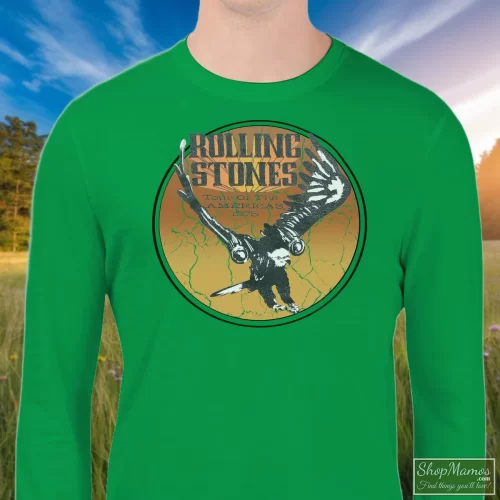 Rolling Stones 1975 Tour Of The Americas Men’s Sweatshirt – Irish Green Front View On Light Wood Background Men's Rolling Stones 1975 Tour Of The Americas Sweatshirt In Irish Green, Front View On Light Wood Background