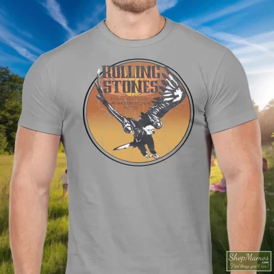 Men's Rolling Stones 1975 Tour Of The Americas T Shirt In Sport Grey, Front View On Dark Wood Background