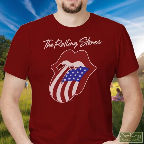 Rolling Stones 1981 North American Tour Concert Men’s T Shirt – Maroon Front View On Light Wood Background Men's Rolling Stones 1981 North American Tour Concert T Shirt In Maroon, Front View On Light Wood Background