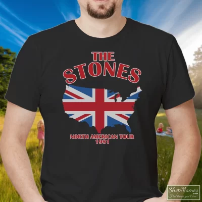Men's Rolling Stones 1981 North American Tour Rock T Shirt In Black, Front View On Light Wood Background