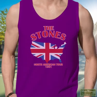 Men's Rolling Stones 1981 North American Tour Rock Tank Top In Purple, Front View On Light Wood Background