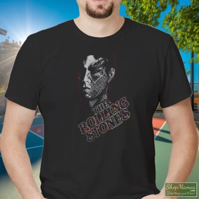Men's Rolling Stones 1981 Tattoo You 1980s Keith Richards T Shirt In Black, Front View On Light Wood Background