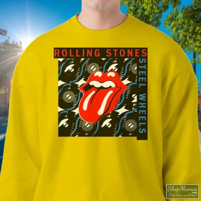 Men's Rolling Stones 1989 Steel Wheels Tour 80s Rock Roll Band Promo Graphic Sweatshirt In Yellow, Front View On Dark Wood Background