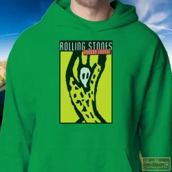 Rolling Stones 1994-1995 Voodoo Lounge Concert Tour Shirt 2 Men's Rolling Stones 1994 - 1995 Voodoo Lounge Concert Tour Hoodie In Irish Green, Front View On Light Wood Background