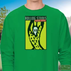 Rolling Stones 1994-1995 Voodoo Lounge Concert Tour Shirt 3 Men's Rolling Stones 1994 - 1995 Voodoo Lounge Concert Tour Long Sleeve In Irish Green, Front View On Light Wood Background