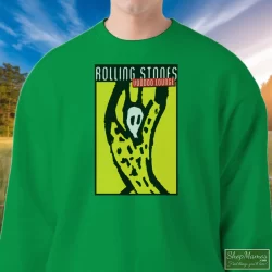 Rolling Stones 1994-1995 Voodoo Lounge Concert Tour Shirt 4 Men's Rolling Stones 1994 - 1995 Voodoo Lounge Concert Tour Sweatshirt In Irish Green, Front View On Light Wood Background